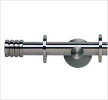 PVD coated coloured stainless steel curtain pole with ridged decorative finial and circular bracket in hairline finish
