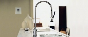 Two-hole kitchen sink faucet with overhead 27-1/2" spout with pullout hand-spray and lever handle - Manufacturer: Kohler