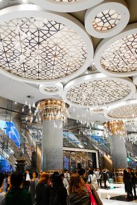 Decorative ceiling detailing, the Grand Lisboa Casino, Macau in Double Stone Steel PVD colored stainless steel Vegas Gold Mirror. - Photography: Adam Nowek