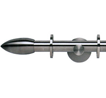 PVD coated coloured stainless steel curtain pole with ridged decorative finial and circular bracket in hairline finish PVD coated coloured stainless steel curtain pole with ridged decorative finial and circular bracket in hairline finish