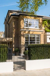 Railings and gates to property refurbishment, Notting Hill, London UK in Double Stone Steel PVD colored stainless steel Gunmetal Sandblasted