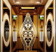 Elevator interior in Taikoo Hui Shopping MallGuangzhou, finished in Double Stone Steel PVD coating Royal Gold SS006 04 No 4 Brush and Champagne SS04 04 No 4 Brush