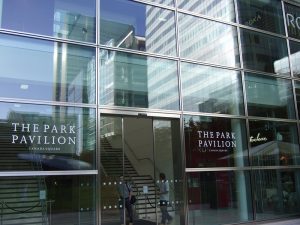 Glazed automatic sliding doors to office development in Canary Wharf, London, UK