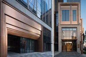 Door and window surrounds and sidings in Double Stone Steel PVD colored stainless steel Rose Gold Vibration at the Shanghai Bund Financial Center. - Architects: Foster & Partners; Heatherwick Studio - PVD colored stainless steel: Double Stone Steel in partnership with John Desmond Ltd