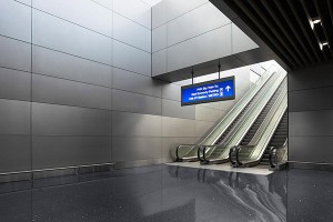 Stainless steel and aluminium wall cladding by Forms + Surfaces. Phoenix Sky Train, Phoenix Sky Harbor International Airport, Phoenix, Arizona