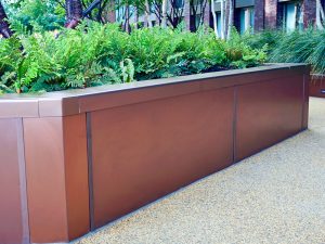 Custom Box Planters in Double Stone Steel PVD colored stainless steel Bronze Sandblasted