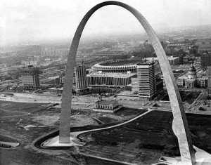The completed St Louis Arch standing in the unfinished Arch Grounds in the 1960’s Picture taken from the air on December 10th 1967 by Reynold Ferguson