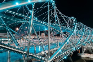 The Helix Bridge at night, illuminated through the work of Technolite lighting designers. Photograph by Technolite