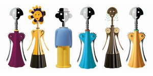 From left to right – Alessi corkscrews designed by Alessandro Mendini – Anna G in Purple; Anna Etoile (G1); Alessandro M in Light Blue; Anna G in Blue; Anna Etoile (G4); Anna G in Yellow.