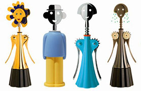 From left to right – Alessi corkscrews designed by Alessandro Mendini – Anna G in Purple; Anna Etoile (G1); Alessandro M in Light Blue; Anna G in Blue; Anna Etoile (G4); Anna G in Yellow.