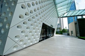 Gleaming, white-coated aluminium cladding to store front of Prada, Shanghai.