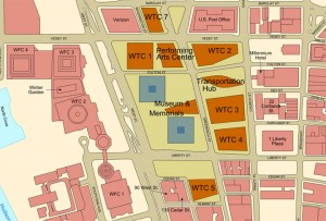 WTC Building Arrangement and Site Plan. - Planned arrangement of World Trade Center buildings following the rebuild after the September 11 attacks. The greyblue squares are the positions of the previous towers. “WFC” means World Financial Center