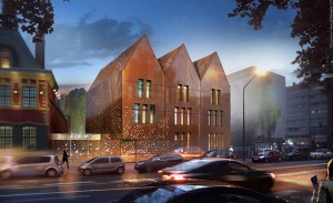 The new façade of the gabled spa extension adjacent to Hermitage Gantois. The perforations make the facade twinkle at night when the building is lit up from within