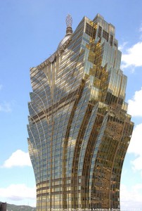 The tower of the Grand Lisboa designed to represent a blossoming lotus flower. By architects Dennis Lau and Ng Chun Man.