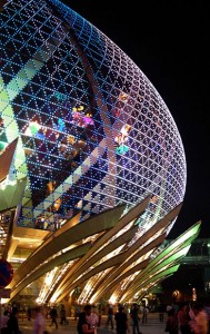The Grand Lisboa casino exterior at night. Image by Heintges building envelope and curtain wall consultants
