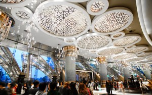 The foyer of the Grand Lisboa Casino showing decorative ceiling created using PVD coloured stainless steel in Vegas Gold by Double Stone Steel - Photography: Adam Nowek - Developer : Societe Jorges de Macau - Architects: DLN Architects & Engineers - Structural Engineer: Design Maunsell Consultants Asia Ltd. - MEP Engineer Design: Parsons Brinckerhoff Consultants Private Limited - Main Contractor: Hip Hing Construction