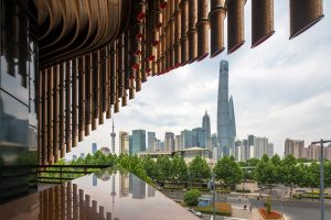 A view from the walkway inside the Shanghai Bund Arts and Cultural Centre showing a fringe of the façade made from PVD stainless steel in Rose Gold Vibration. - Architects: Foster & Partners; Heatherwick Studio - PVD: Double Stone Steel in partnership with John Desmond Ltd