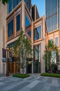 PVD stainless steel in Rose Gold Vibration is used for door reveals and wide-format glazing bars, Shanghai Bund Financial Centre. - Architects: Foster & Partners; Heatherwick Studio - PVD: Double Stone Steel in partnership with John Desmond Ltd