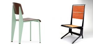 The image on the left shows the Jean Prouvé Standard SP Chair Powder-coated sheet & tubular steel frame, ASA plastic (fine textured) seat/back Made in Germany by Vitra Image from Hive Modern. On the right is the folding chair designed by Jean Prouvé 1928, made by Les Ateliers Jean Prouvé 1929, made with a combination of tubular steel and linen canvas. Image from Museum of Fine Arts Houston.