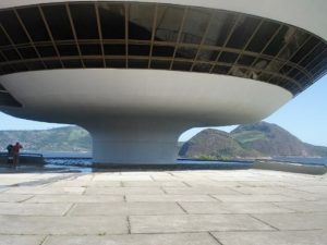 The base of the sculptural shape, reminiscent of a goblet. Oscar Niemeyer’s Museu de Arte Contemporânea de Niterói, Brazil. Photography by Lola Adeokun.