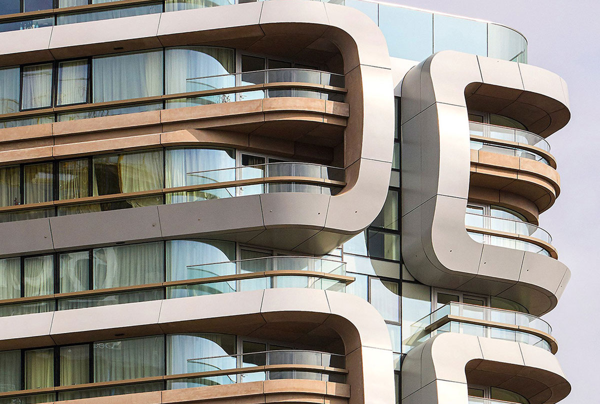 Canaletto Building, Islington by architectural practice UN Studio. This landmark 2017 tower has metallic silver anodised aluminium feature cladding for its curved balconies Canaletto Building, Islington by architectural practice UN Studio. This landmark 2017 tower has metallic silver anodised aluminium feature cladding for its curved balconies