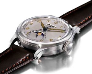 A Patek Philippe watch, 1944 model 1591 which is very rare. This one was auctioned in 1996 for $2.76 million making it the most expensive stainless steel case watch ever to have been sold. It originally belonged to the Maharajah of India.