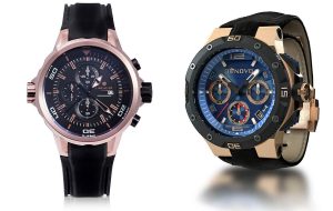 Left is the Lancaster Space Shuttle Rose Gold PVD Stainless Steel Chronograph Watch - Right is the DeNovo DN2020-42BGN Men’s Watch Rose Gold PVD Case Chrono Swiss Made