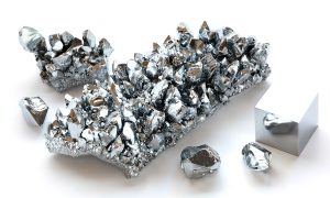 Shown here are high purity chromium crystals and a polished chromium cube with very different textures but both demonstrating the characteristic lustrous silvery-white colour.