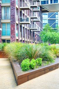 The color of these custom-designed box planters was chosen by the landscape architect to complement the building’s façade and are in Double Stone Steel PVD colored stainless steel Bronze Sandblasted