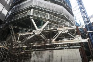 One of the biggest transfer structure in the design of 22 Bishopsgate, nicknamed by the design team as the “Rhino truss” for its geometry. It was required in order to transfer the loads from the south east corner columns of the building to the foundations that needed to be utilised from the old Pinnacle design. Photograph by: Diego Padilla Phillips – Structural Engineer.