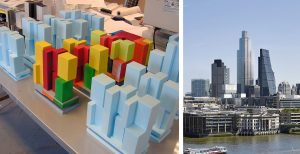 Left: Typical 3D printed models produced during the design process by OMA while finding the optimum massing to achieve both the client aspirations as well as meeting the planning requirements. - Right: Computer-generated image of the final design for 22 Bishopsgate inserted within the urban environment, the different height of the steps at the top of the building vary according to the surrounding circumstances.