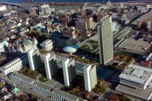 Aerial photograph of the Rockefeller Empire State Plaza in Albany, USA. The complex of state-government buildings was built between 1965 and 1976 at a cost of $2 billion.