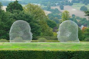 Jaume Plensa, Nuria (2007) and Irma (2010) in stainless steel wire mesh at Yorkshire sculpture park. By putting the two facing each other with eyes closed, the artist refers to the internal dialogue of each and the relationship with the surrounding landscape.