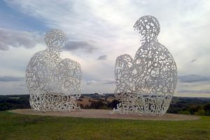 Jaume Plensa, Spiegel I&II (2010) at Yorkshire Sculpture Park, 2011. The steel sculptures facing each other establish their own dialogue leaving the visitor with the impression of witnessing a private encounter. Photograph by Down by the Dougie.