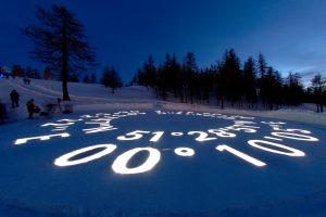 The snow show (Sestriere, 2006). Three GPS locations engraved in the snow forming a circle to commemorate the Winter Olympics in 2006: the location of this point in Sestriere together with that of Plensa’s studio in Barcelona and Foster + Partners’ studio in London.