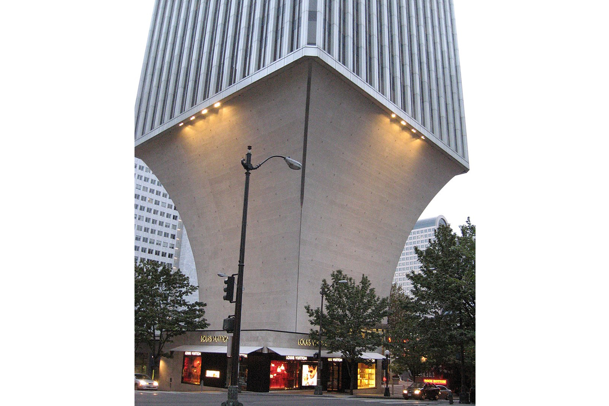 The reinforced concrete base of the Rainier Tower in Seattle, designed by Minoru Yamasaki, an architect renowned for the style of New Formalism architecture. Photograph by VasSlav. The reinforced concrete base of the Rainier Tower in Seattle, designed by Minoru Yamasaki, an architect renowned for the style of New Formalism architecture. Photograph by VasSlav.