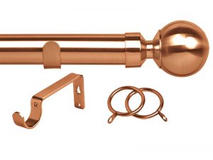 Drapery rod, finial, bracket and rings in Double Stone Steel PVD colored stainless steel Copper Vibration