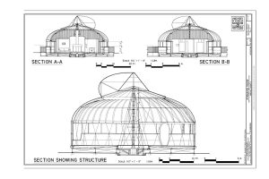 Cross-section drawing of the Dymaxion House, an innovative housing solution first developed by American architect and inventor Richard Buckminster-Fuller in the late 1920s.