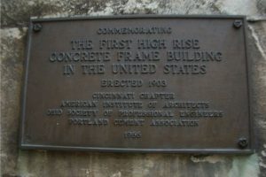 Brass plaque commemorating the Ingalls Building in Cincinatti, Ohio. Built in 1903, it was the first high-rise concrete frame building in the United States. Photograph by Charles Clark.