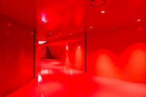 Seattle Central Library. Architects: OMA (Rem Koolhaas + Joshua Prince Ramus) and LMN Architects. Internal view of the corridor at the meeting rooms box. Every surface is painted in red and the curvy geometry suggests to visitors that they are circulating inside a body.