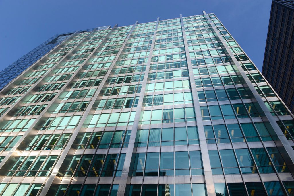 The Inland Steel Building, an historical landmark on Chicago’s skyline in brushed stainless steel and glass