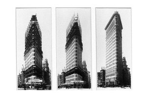These images show the different construction phases of the Flatiron building: first the steel frame structure followed by the limestone and terracotta envelope (159 words) - Image from the Library of Congress