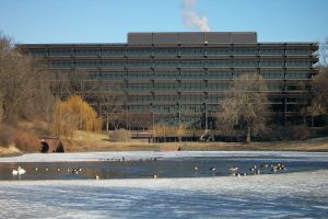 John Deere Headquarters in Moline, Illinois. The complex of three buildings designed by Eero Saarinen is constructed from Cor-Ten steel and holds around 900 employees. Photography by Ctjf83.