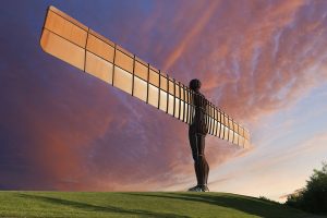 ‘The Angel of the North’ by artist Antony Gormley stands in Gateshead, North England. The sculpture is made from Cor-Ten steel and the wings have a span of 54 metres.
