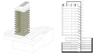 Castelar Building. Architects: Rafael de la Hoz Arderius and Gerardo Olivares. Axonometric and Section diagrams explaining the structural principles of the building. A 90 degree grid of steel beams form the floor slabs that hang from the off-centered concrete core. Drawing by Paula Varela