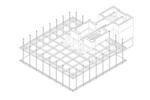 Castelar Building. Architects: Rafael de la Hoz Arderius and Gerardo Olivares. Axonometric view of an isolated floor, the concrete core is split in two vertical shafts separated by a corridor, this way the core increases its resistance to tipping forward due to the off centered weight of the floorplates. The steel grid is attached to the core and hangs from the perimetral columns supported at the top floor. Drawing by Paula Varela