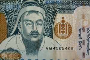 Genghis Khan on the Mongolian 1,000 tugrik banknote. The former Emperor is also celebrated across the country in names of buildings, on stamps and numerous monuments.