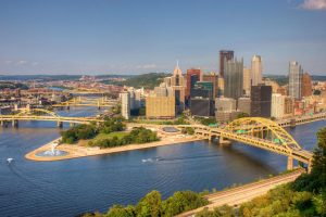 The US Steel building culminates above Pittsburgh’s Golden Triangle, a bustling downtown district located at the confluence of the two main tributaries of the Ohio River