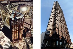 The US Steel building is the tallest skyscraper in Pittsburgh and contains over 44,000 U.S. tons of structural steel, and almost an acre of office space per floor.This aerial view taken during construction reveals its triangular floor plan with indented corners as well as its exterior structural columns